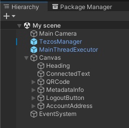 The Hierarchy panel, showing the Tezos-related objects